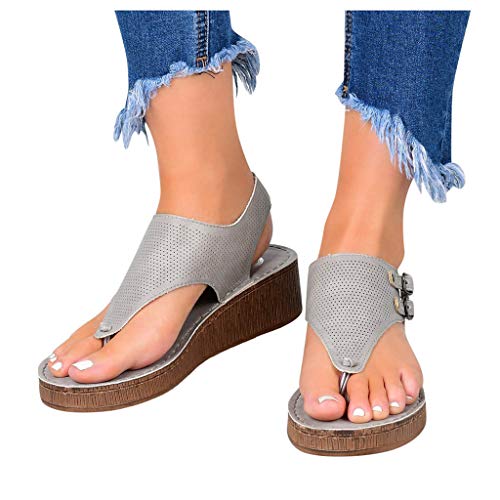 Plateau Sandalen Damen Espadrilles Casual Keilsandalen Frauen Sommer Faux Leder Pantoletten Flache Schuhe Zehentrenner mit Knöchelriemen Plattform Offene Schuhe Flip Flops Freizeit Sommerschuhe von Bluelucon