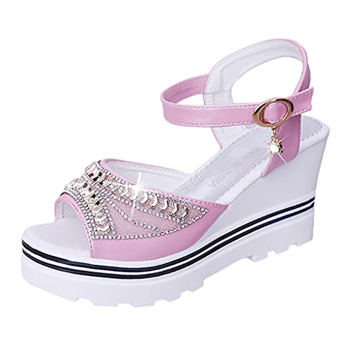 Sandalen Damen Sommer Flache Sandalen Strass Sandaletten Römische Schuhe Wedge Peep Toe Elegante Glitzer Freizeitschuhe Hausschuh Slipper Sandals Flip Flops Leicht Bequem Slippers Sommerschuhe von Bluelucon