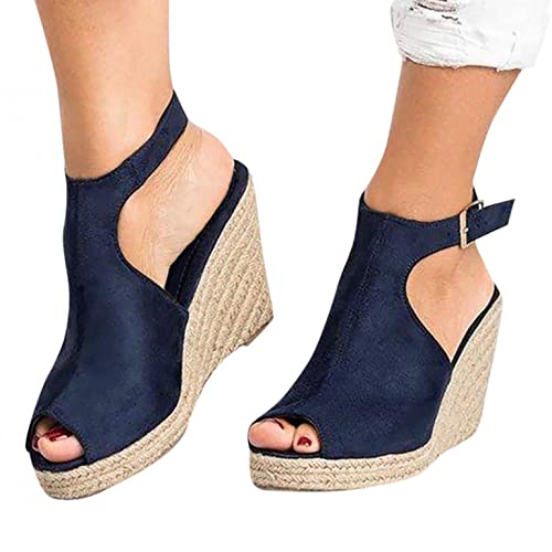 Sandalen Damen Wildleder Sommerschuhe mit Keilabsatz und Kork-Plateausohle, Frauen Sandaletten Offener Zeh Sommersandalen Bequeme Schöne Damen Wildleder Sommer Sandale Sandalen Sommerschuhe von Bluelucon