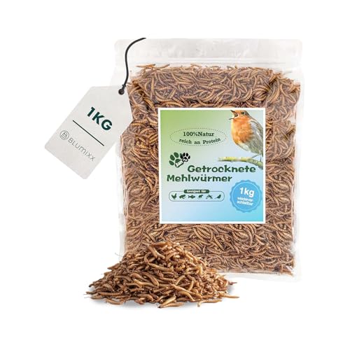 Mehlwürmer getrocknet für Reptilien 1kg - Premium-Qualität, Nahrhaftes Futter, Perfekt für eine Vielzahl von Amphibien, Schildkrötenfutter, Fischfutter Teich & Aquarium, wiederverschließbarer Beutel von Blumixx