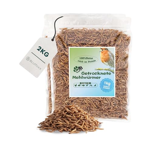 Mehlwürmer getrocknet für Reptilien 2kg - Premium-Qualität, Nahrhaftes Futter, Perfekt für eine Vielzahl von Amphibien, Schildkrötenfutter, Fischfutter Teich & Aquarium, wiederverschließbarer Beutel von Blumixx