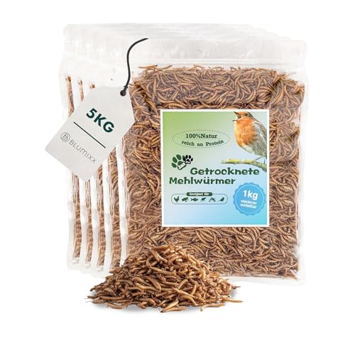 Mehlwürmer getrocknet für Reptilien 5kg - Premium-Qualität, Nahrhaftes Futter, Perfekt für eine Vielzahl von Amphibien, Schildkrötenfutter, Fischfutter Teich & Aquarium, wiederverschließbarer Beutel von Blumixx