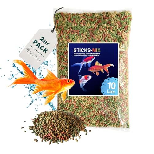 Teich Sticks Mix bunt 20 Liter (2X 10 L) Beutel, Premium Alleinfuttermittel, Fischfutter, Koifutter, Goldfischfutter, Teichfutter, Teichfischfutter mit Vitaminen Tricolore, Nicht Trübend von Blumixx