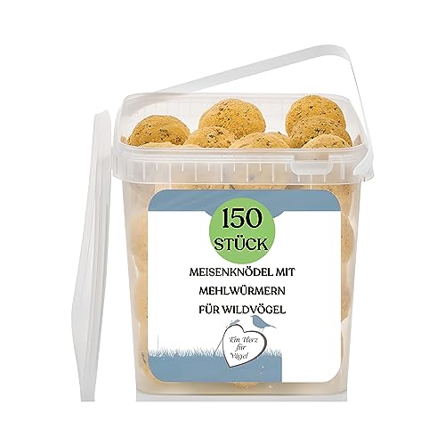 Vogelknödel Premium Meisenknödel ohne Netz, 150 Stück mit Mehlwürmern im wiederverwendbaren Eimer - 13,5 kg - Hochenergetische Nahrungsquelle für Wildvögel - Qualität, die Man schmeckt! von Blumixx