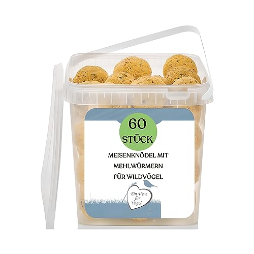 Vogelknödel Premium Meisenknödel ohne Netz, 60 Stück mit Mehlwürmern im wiederverwendbaren Eimer - 5,4 kg - Hochenergetische Nahrungsquelle für Wildvögel - Qualität, die Man schmeckt! von Blumixx