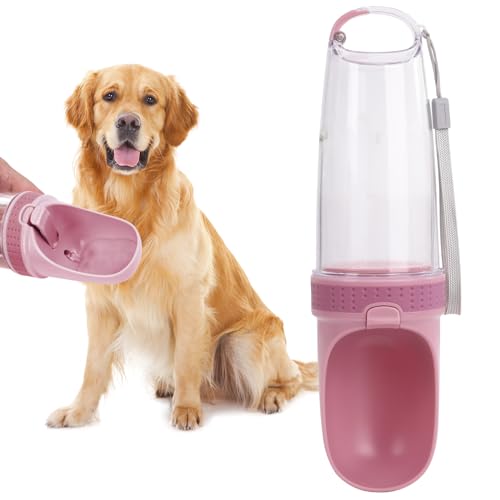 Blusaryme Tragbare Hunde-Wasserflasche, auslaufsicher, für den Außenbereich, mit Futterspender für Haustiere, Hunde, Wandern, Reisen, lebensmittelechter Kunststoff, 340 ml, Rosa von Blusaryme