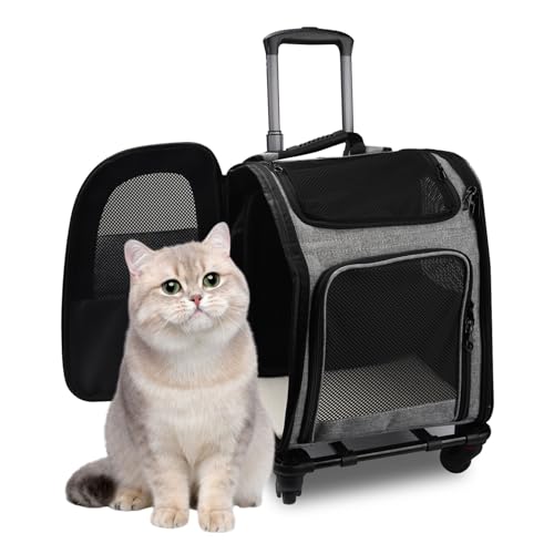 Rucksäcke Trolley für Hund und Katzen,2IN1 Hundetrolley Katzentransportbox mit Mesh Fenster,multifunktionaler Haustier-Rucksack mit 4 Rädern, atmungsaktive Haustier-Reisetrage für Katzen und Welpen von BlyeMichdi