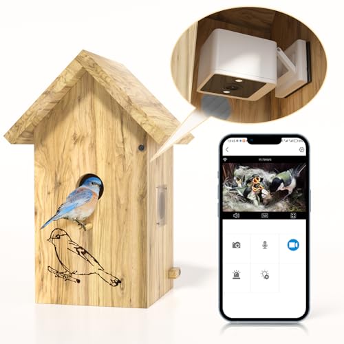 Bnlei Smart Vogelhaus mit Kamera innen für außen, wasserdichte Vogelhäuser aus Holz für draußen mit 1080P HD Kamera kabellos-2.4G WiFi & App Benachrichtigung mit Nest Auto Capture Foto & Video von Bnlei