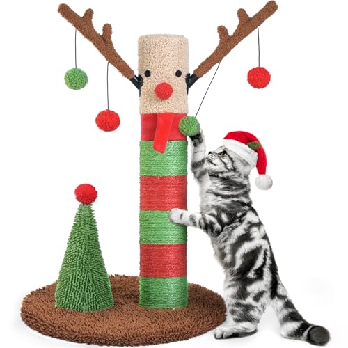 BOLUO Weihnachten Kratzbaum Hirsch Katzenbäume für Erwachsene Katzen Kratzbaum Niedliches Spielzeug Kätzchen Kitty Sisal Kratzbaum mit Teaser Ball Indoor 63,5 cm von BoLuo