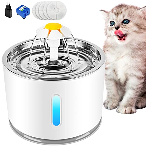 Boadw Katzenbrunnen,trinkbrunnen für Katze, Katzen Trinkbrunnen Wasserspender für Katzen mit Wasserstand Fenster,Trinkbrunnen für Haustiere mit LED-Licht Leise mit 5 Stück Hygienefilter - 2,4 L von Boadw