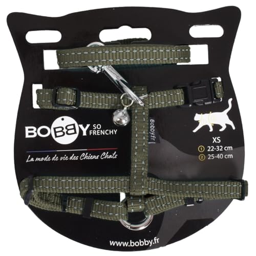 Bobby Safe – Set mit Geschirr und Leine für Katzen, auslaufsicher, reflektierend, strapazierfähig, Khaki, Brustgröße 25-38, Gurtstärke 1 cm von Bobby Canifrance