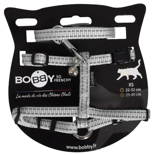 Bobby Safe – Set mit Geschirr und Leine für Katzen, auslaufsicher, reflektierend, strapazierfähig, grau, Brustgröße 25-38, Gurtstärke 1 cm von Bobby Canifrance