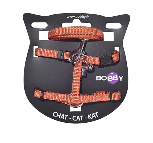 Bobby Safe – Set mit Geschirr und Leine für Katzen, auslaufsicher, reflektierend, strapazierfähig, orange, Brustgröße 25-38, Gurtstärke 1 cm von Bobby Canifrance