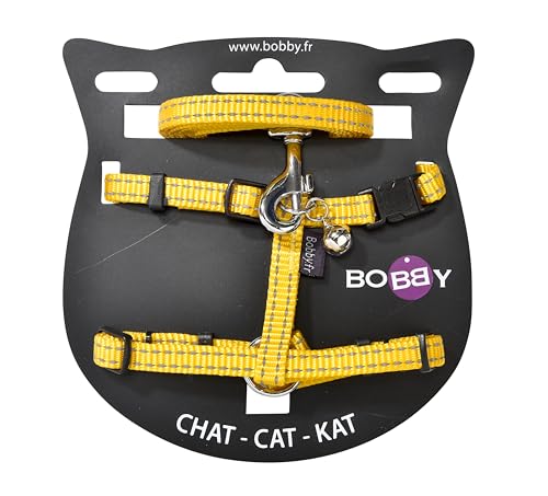 Bobby Safe-Set mit Geschirr und Leine für Katzen, auslaufsicher, reflektierend, strapazierfähig, gelb, Brustgröße 25-38, Gurtstärke 1 cm von Bobby