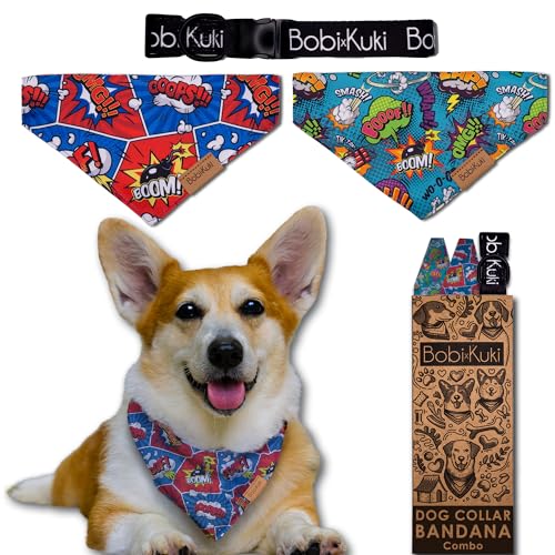Bobi x Kuki Hundehalstuch, Comic-Design, verstellbare Passform, strapazierfähiger Stoff, bequeme, ergonomische Form, perfektes Hundezubehör für Hundeliebhaber, Hundehalsband/Bandana, Größe S, 2 Stück von Bobi X Kuki