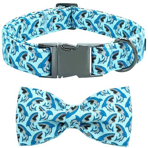 Bobo Rainbow Hundehalsband, Hai-Druck, verstellbar, niedlich, weich, blau, Hundehalsband mit Fliege, strapazierfähiges Hundehalsband, Baumwolle, Welpenhalsband, Metallschnalle, Geschenk für kleine von Bobo Rainbow