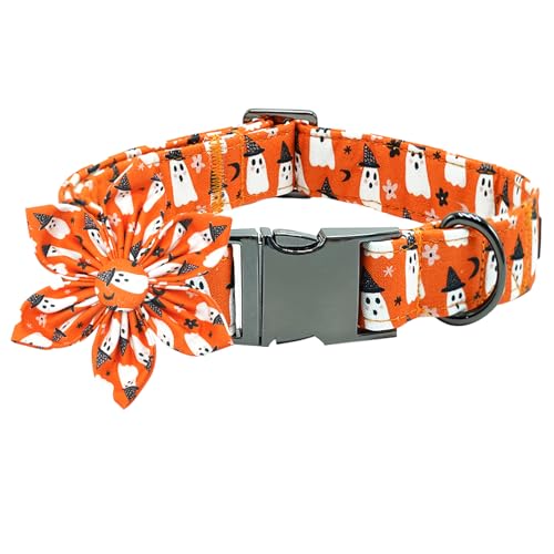 Bobo Rainbow Hundehalsband, Halloween-Hundehalsband, Herbst-Hundehalsband, orangefarbener Geisterdruck, Haustierhalsband, Urlaub, Hundehalsband, weiches Hundehalsband mit Blume, verstellbare von Bobo Rainbow