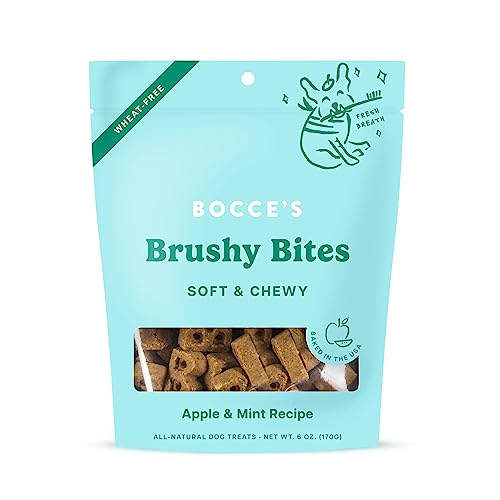 Bocce's Bakery Dailies Brushy Bites Dog Treats for Wellness Support, Wheat-Free Dog Treats, Made with Real Ingredients, Baked in The USA, All-Natural Soft & Chewy, Apple & Mint Recipe, 6 oz von Bocce's Bakery