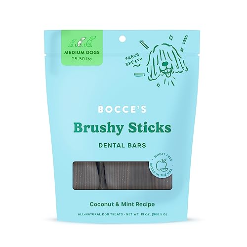 Bocce's Bakery Dailies Brushy Sticks to Support Oral Health & Fresh Breath, Wheat-Free Dental Bars for Dogs, Made with Real Ingredients, Baked in The USA, All-Natural Coconut & Mint, Medium Dogs von Bocce's Bakery