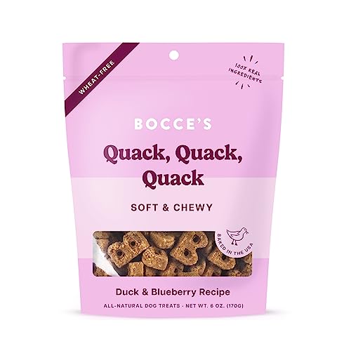 Bocce's Bakery Oven Baked Quack, Quack, Quack Treats for Dogs, Wheat-Free Everyday Dog Treats, Made with Real Ingredients, Baked in the USA, All-Natural Soft & Chewy Cookies, Duck & Blueberries, 6 oz von Bocce's Bakery