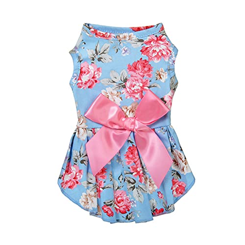 Bodhi2000 Haustierrock Blumenmuster Atmungsaktiv Haustier Prinzessin Kleid mit Schleife Kleine Hunde Katzen Sommer Kleidung für Hochzeit Geburtstag Party Haustier Kostüme Blau XL von Bodhi2000