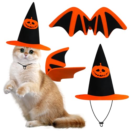 Halloween-Kostüm für Hunde, 1 verstellbarer Kürbis-Zaubererhut und 1 Fledermausflügel-Outfit für Haustiere, Welpen, Katzen, Party, Verkleidung, Cosplay-Kostüm von Boerni