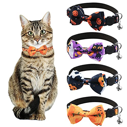 Verstellbares Katzenhalsband für Halloween, mit Schleife, weiches Kürbis-Sicherheits-Schnellverschluss, für Kätzchen, Katzen, Welpen, kleine Hunde, Halloween, Thanksgiving, Party, 4 Stück von Boerni