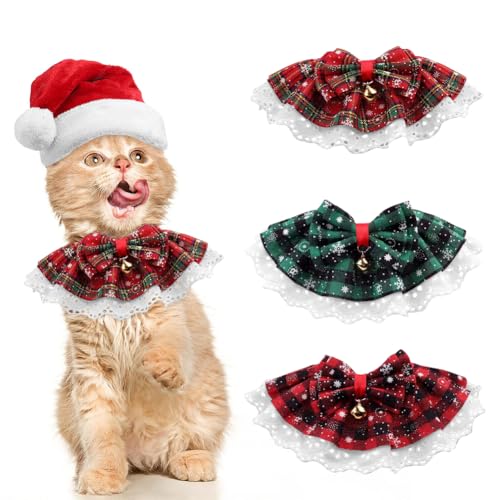 Weihnachtliches Katzenhalsband-Set – 3-teiliges Haustier-Schal mit Glocken, festliches rot-grün-schwarzes Karomuster, perfekte Weihnachtsdekoration für Katzen von Boerni