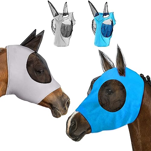 Fliegenmaske Pferd 2 Stück Fliegenmaske Mit Ohrenschutz Elastische Bremsenmaske UV-Schutz Fliegenmaske Pony Fliegenmaske Horse Für Pferde Atmungsaktive Feine Mesh (Grau, Blau) von Bogoro