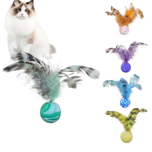 Bohany Fuzzy -Bälle für Katzen, Katzenballspielzeug,5 Stück interaktiver Katzenball mit Federn | Buntes Kätzchen -Zahnenspielzeug für Innenräume, Zuhause von Bohany