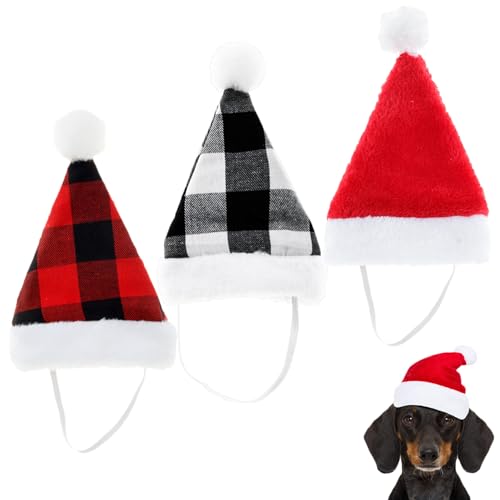 Bohue Weihnachtsmütze für Haustiere, verstellbar, für Haustiere, Katzen, Büffel, kariert, Weihnachtsmannmütze für Hunde, Katzen, Kaninchen, 3 Stück von Bohue