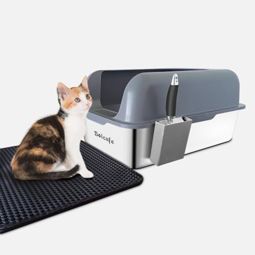 Boicafe Geschlossene Edelstahl-Katzentoilette mit Deckel, 61 x 40 x 29 cm, XL große Katzentoilette für große Katzen mit hoher Wand, Edelstahlschaufel, Box und Matte (grau) von Boicafe