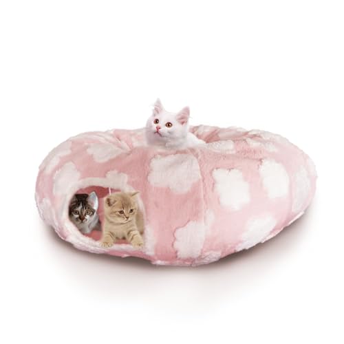 Katzenspieltunnel mit waschbarem Kissenbett, runde und S-Form Fehlfunktion Katzenrohr und Katzen-Donut-Tunnelhöhle für Katzen/Welpen/Kätzchen/Kaninchen (Rosa) von Boicafe