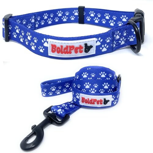 BoldPet Hundehalsband und Leine, Set mit weißem Pfotenabdruck, hochwertiges Polyester-Material, sichere verstellbare Schnalle, Hundehalsband und Leine, Set für kleine Hunde von BoldPet