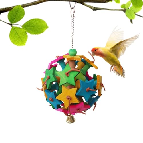 Bollisate Holzblock Vogelspielzeug, Vogel Holzkauenspielzeug,Wood Stars Ball mit Lederspielzeug | Vogelkausternball, käfig -Bissanreicherungen für kleine bis mittlere von Bollisate