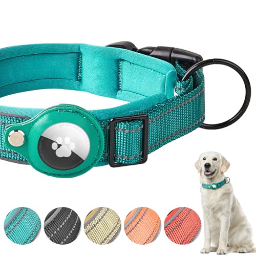 Boloshine AirTag Hundehalsband, Verstellbares Reflektierend Halsband Hund, Integriertes Apple Air Tag Hundehalsband Weich Gepolstertes für Große Mittelgroße Kleine Hunde (Cyan, L) von BoloShine