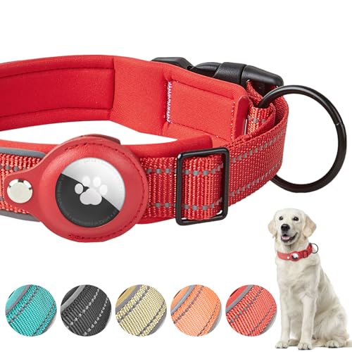 Boloshine AirTag Hundehalsband, Verstellbares Reflektierend Halsband Hund, Integriertes Apple Air Tag Hundehalsband Weich Gepolstertes für Große Mittelgroße Kleine Hunde (Rot, M) von BoloShine