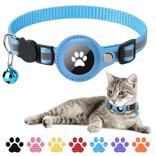 Boloshine Airtag Katzenhalsband, Reflektierend GPS Tracker Katzenhalsbänder mit AirTag Halter und Glocke, Leichte Katzen Halsband Kompatibel mit Apple Airtag für Kätzchen Welpen (Blau) von BoloShine