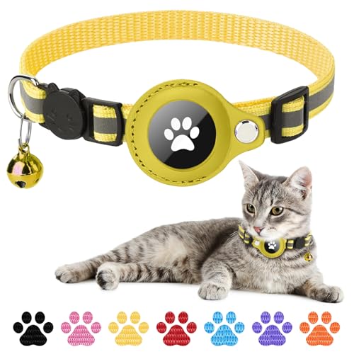 Boloshine Airtag Katzenhalsband, Reflektierend GPS Tracker Katzenhalsbänder mit AirTag Halter und Glocke, Leichte Katzen Halsband Kompatibel mit Apple Airtag für Kätzchen Welpen (Gelb) von BoloShine