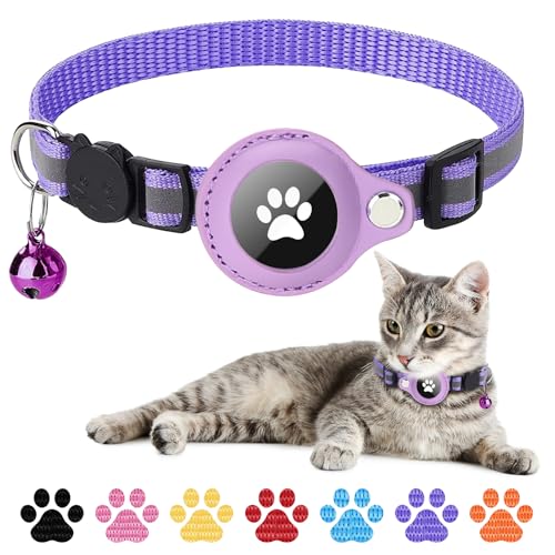 Boloshine Airtag Katzenhalsband, Reflektierend GPS Tracker Katzenhalsbänder mit AirTag Halter und Glocke, Leichte Katzen Halsband Kompatibel mit Apple Airtag für Kätzchen Welpen (Lila) von BoloShine