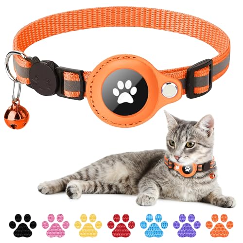 Boloshine Airtag Katzenhalsband, Reflektierend GPS Tracker Katzenhalsbänder mit AirTag Halter und Glocke, Leichte Katzen Halsband Kompatibel mit Apple Airtag für Kätzchen Welpen (Orange) von BoloShine