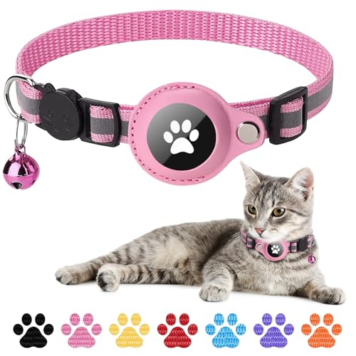 Boloshine Airtag Katzenhalsband, Reflektierend GPS Tracker Katzenhalsbänder mit AirTag Halter und Glocke, Leichte Katzen Halsband Kompatibel mit Apple Airtag für Kätzchen Welpen (Rosa) von BoloShine