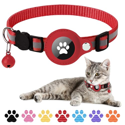 Boloshine Airtag Katzenhalsband, Reflektierend GPS Tracker Katzenhalsbänder mit AirTag Halter und Glocke, Leichte Katzen Halsband Kompatibel mit Apple Airtag für Kätzchen Welpen (Rot) von BoloShine