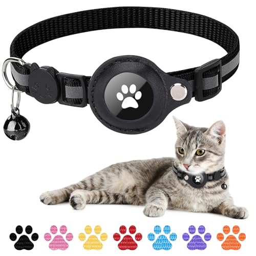 Boloshine Airtag Katzenhalsband, Reflektierend GPS Tracker Katzenhalsbänder mit AirTag Halter und Glocke, Leichte Katzen Halsband Kompatibel mit Apple Airtag für Kätzchen Welpen (Schwarz) von BoloShine