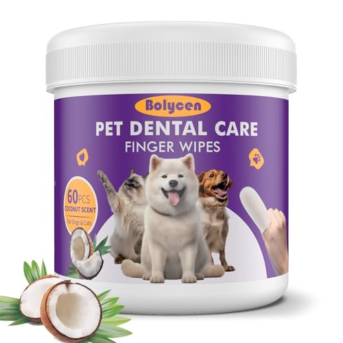 Bolycen Pet Dental Finger Wipes for Dogs & Cats - Dog & Cat Finger Toothbrush - Remove Plaque & Tartar - Freshens Breath - Dog Teeth Cleaning Wipes (4.5 cm Wide (60 Count), Coconut) von Bolycen