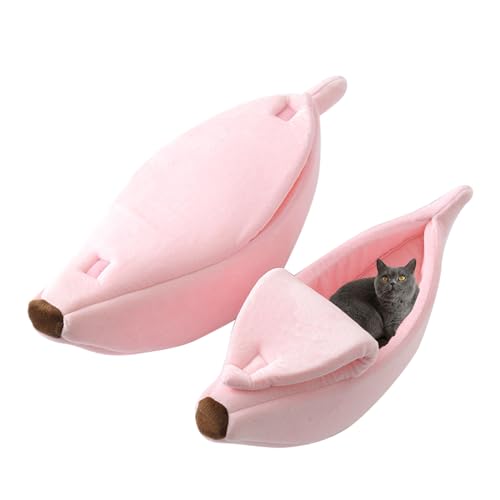 BomDog Beruhigendes Katzenbett, Katzenbetten Beruhigendes Katzenbett Kuschelhöhle Katze, Warmes Haustiernest Bananenform, Abgedecktes Katzenbett für Drinnen und Draußen (XL, Rosa) von BomDog