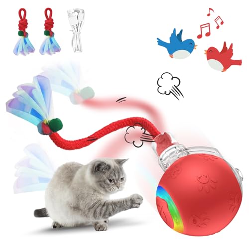 Interaktives Katzenball Spielzeug - Katzenspielzeug Elektrisch mit Vogelruf, USB Aufladbar Katzenspielzeug Selbstbeschäftigung, Chewie Rolling Ball, 360° Rolling Smart Ball für Katzen (mit Ersatzseil) von BomKra