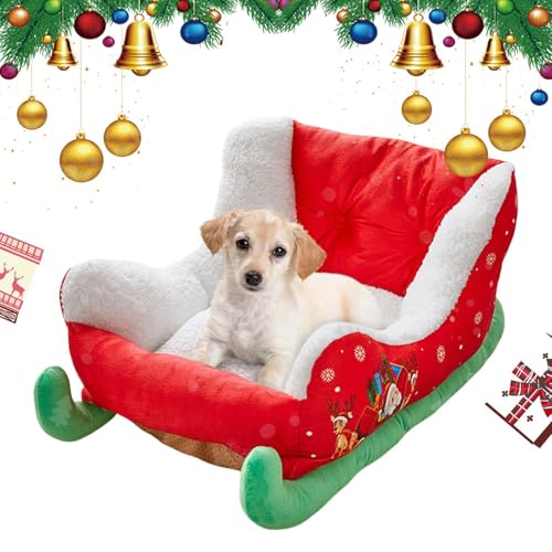 BommFu Interessantes Rotes Weihnachts-Katzen-Hundebett | Haustierschlittenbett | Weihnachtsschlitten-Hundebett | Weihnachten Urlaub Themed Haustier Bett - Plüsch-gemütliches Hundebett von BommFu