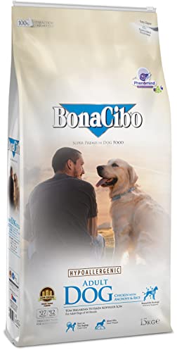 BONACIBO Ausgewachsene Hundefutter | Super Premium Trockenfutter für Erwachsene Hunde Aller Rassen | Huhn Reis und Sardellen | 15 KG von Bonacibo