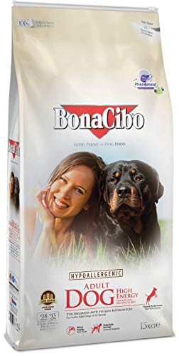 BONACIBO High Energy Ausgewachsene Hundefutter | Super Premium Trockenfutter für Aktive Erwachsene Hunde Aller Rassen | Huhn Reis und Sardellen | 15 KG von Bonacibo